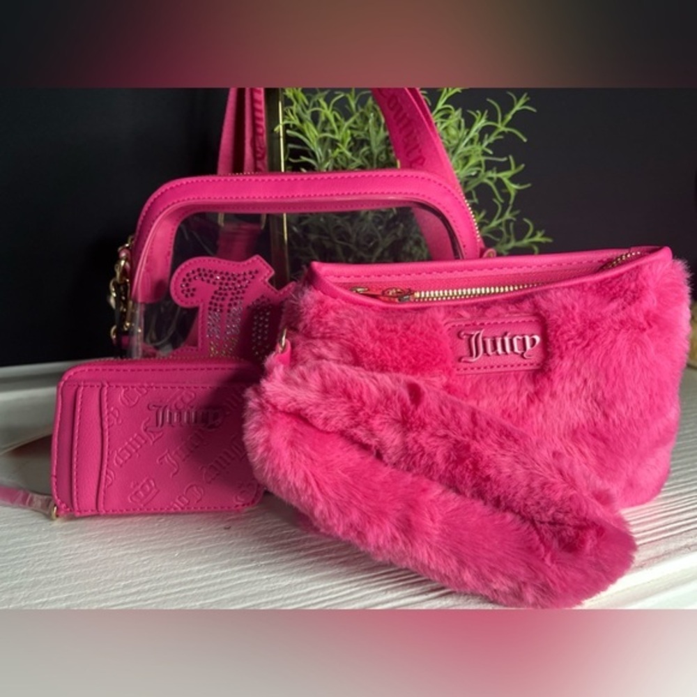 Juicy Couture Pink Clear Dome Crossbody Faux Fur Belt Bag Wristlet Wallet NWT